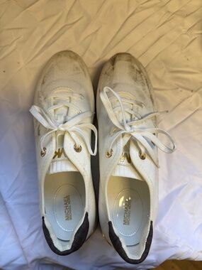 Michael Kors White Knit Lace-Up Sneakers with Gold Accents